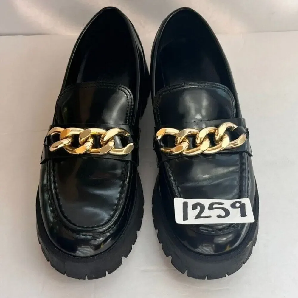 Guess Shoes Loafers Womens 8M Black Gold Tone Chain Lug Sole Chunky Platform